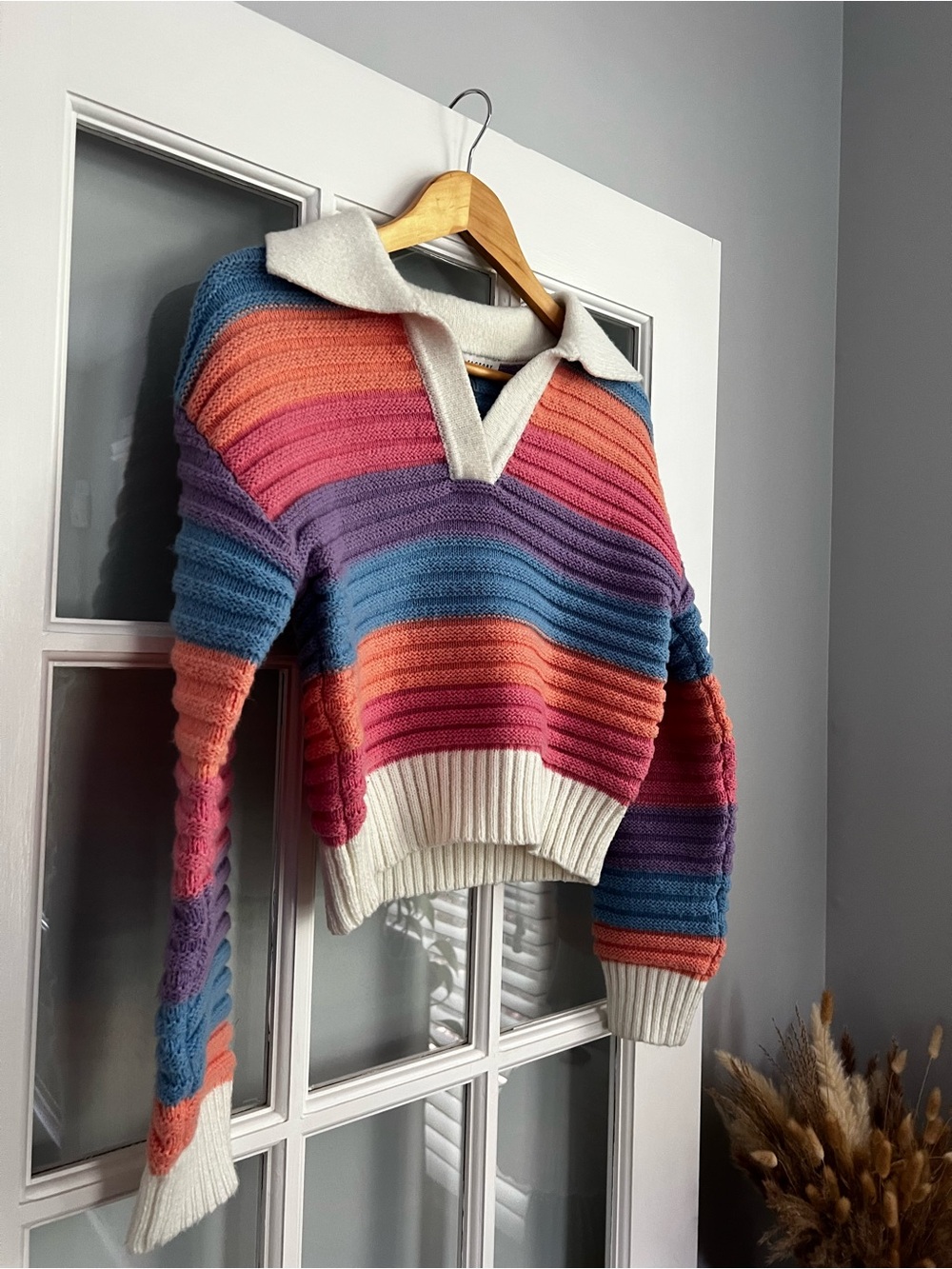 English Factory Striped V-Neck Sweater in Coral, Pink, Purple, Blue & White - Picture 4 of 6